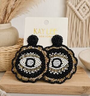 Kay Lee Black Round Beaded Evil Eye Earrings New